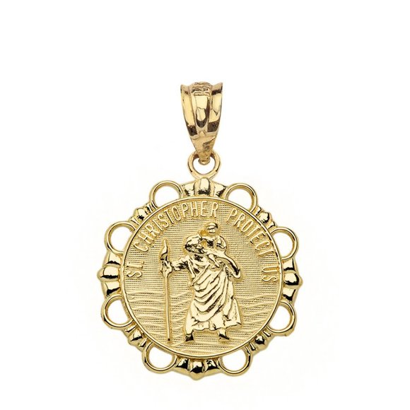 10K Solid Gold Saint St. Christopher Protect Us Pendant - Yellow, Rose, or White